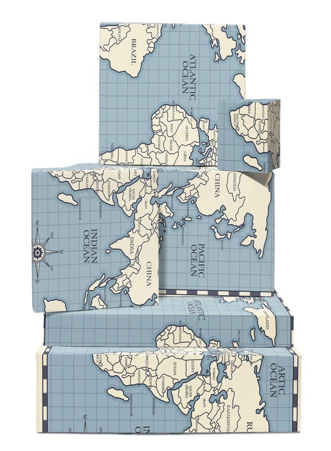 CENTRAL 23 Kids Wrapping Paper - 6 Sheets of Blue Gift Wrap and Tags - World Map - Birthday Wrapping Paper for Boys Girls - Comes with Fun Stickers - Recyclable - Image 1